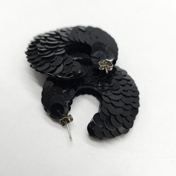 Black Sequin Hoop Earrings Retro 1980s Statement Jewelry Lightweight - Picture 3 of 4